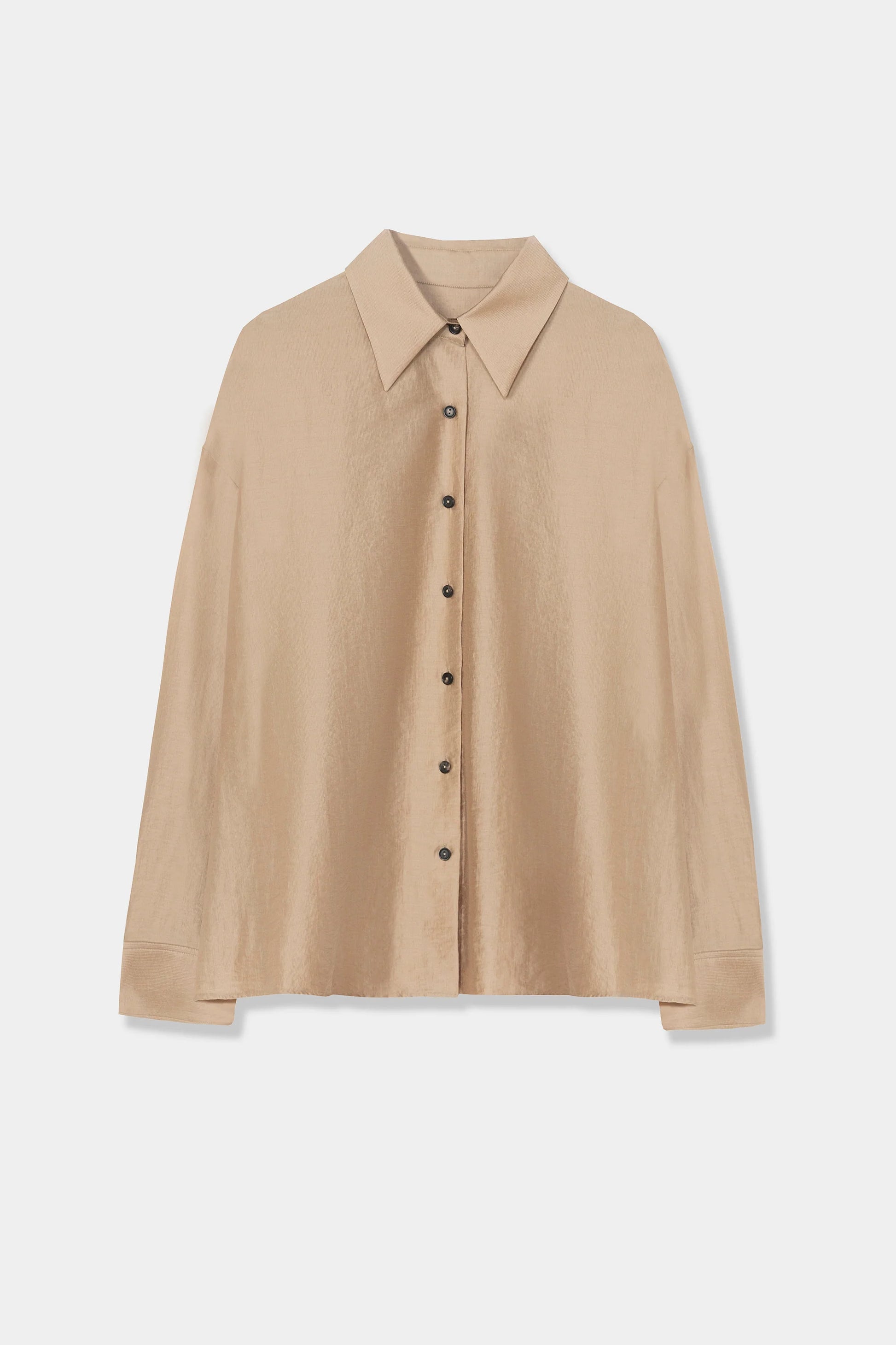 Beige button-up shirt on a light gray background