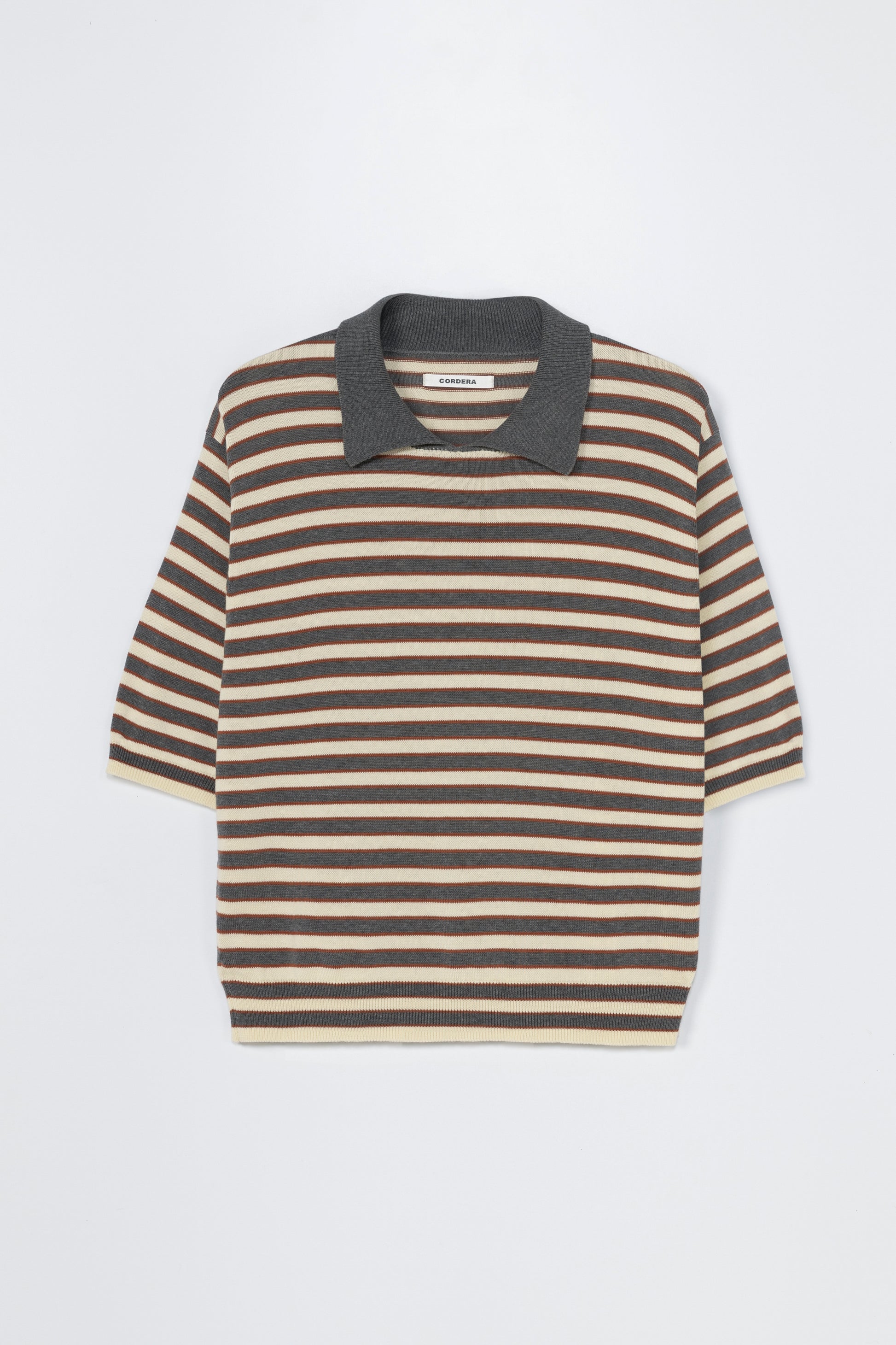 Grey, cream and red Striped t-shirt with collar on a white background