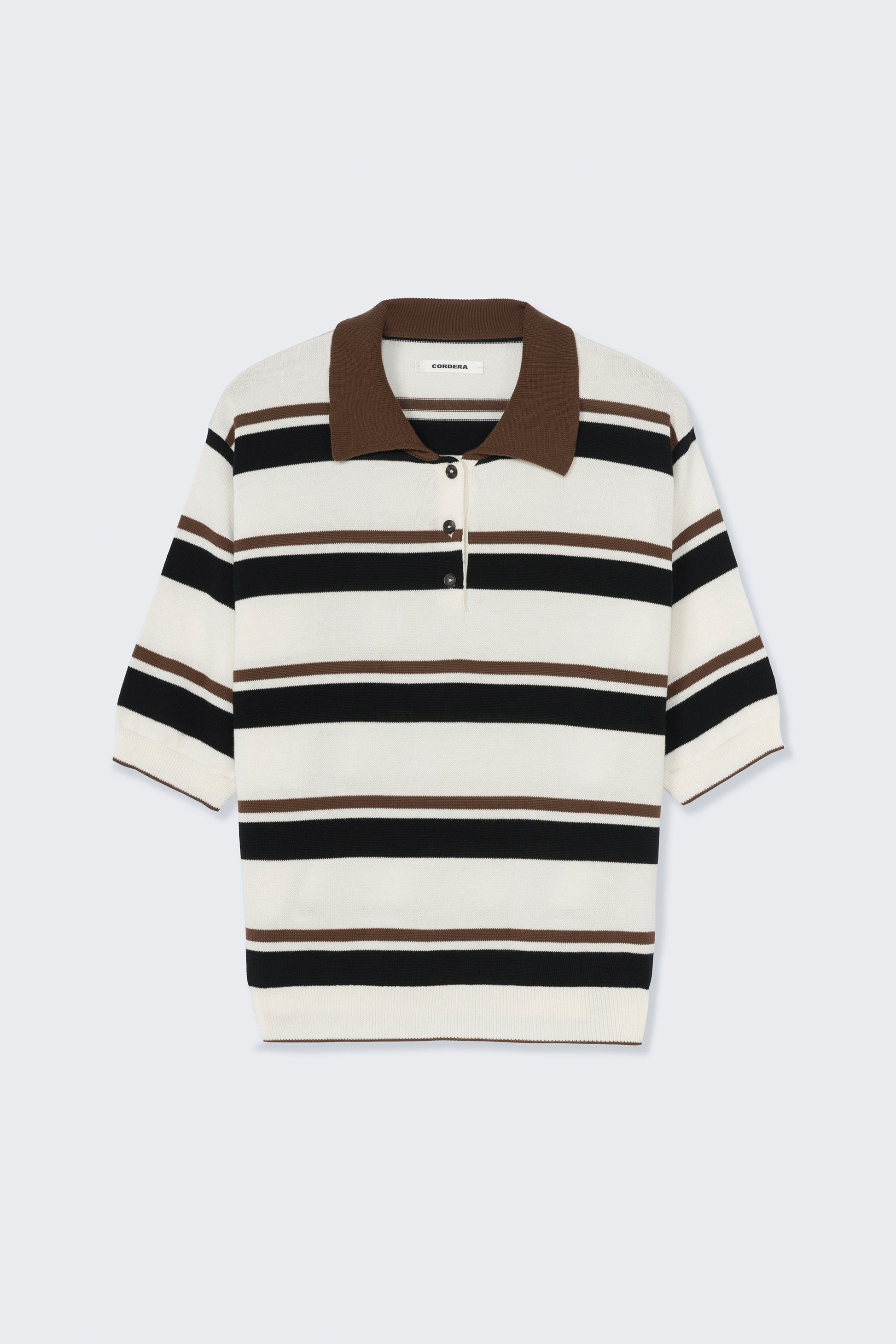 Striped polo shirt with brown collar on a light gray background
