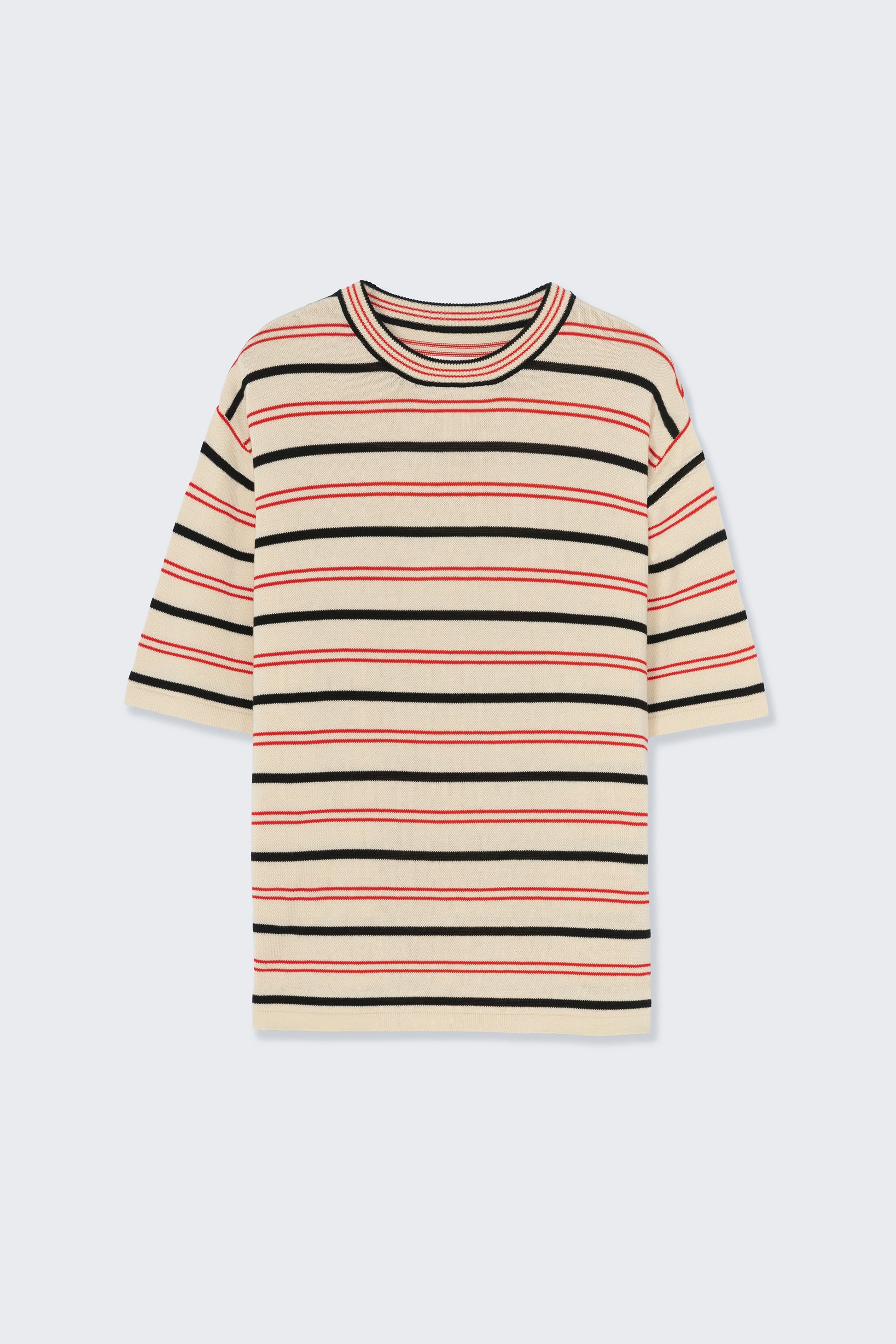 Striped knitted t-shirt with red, black, and beige colors on a light gray background