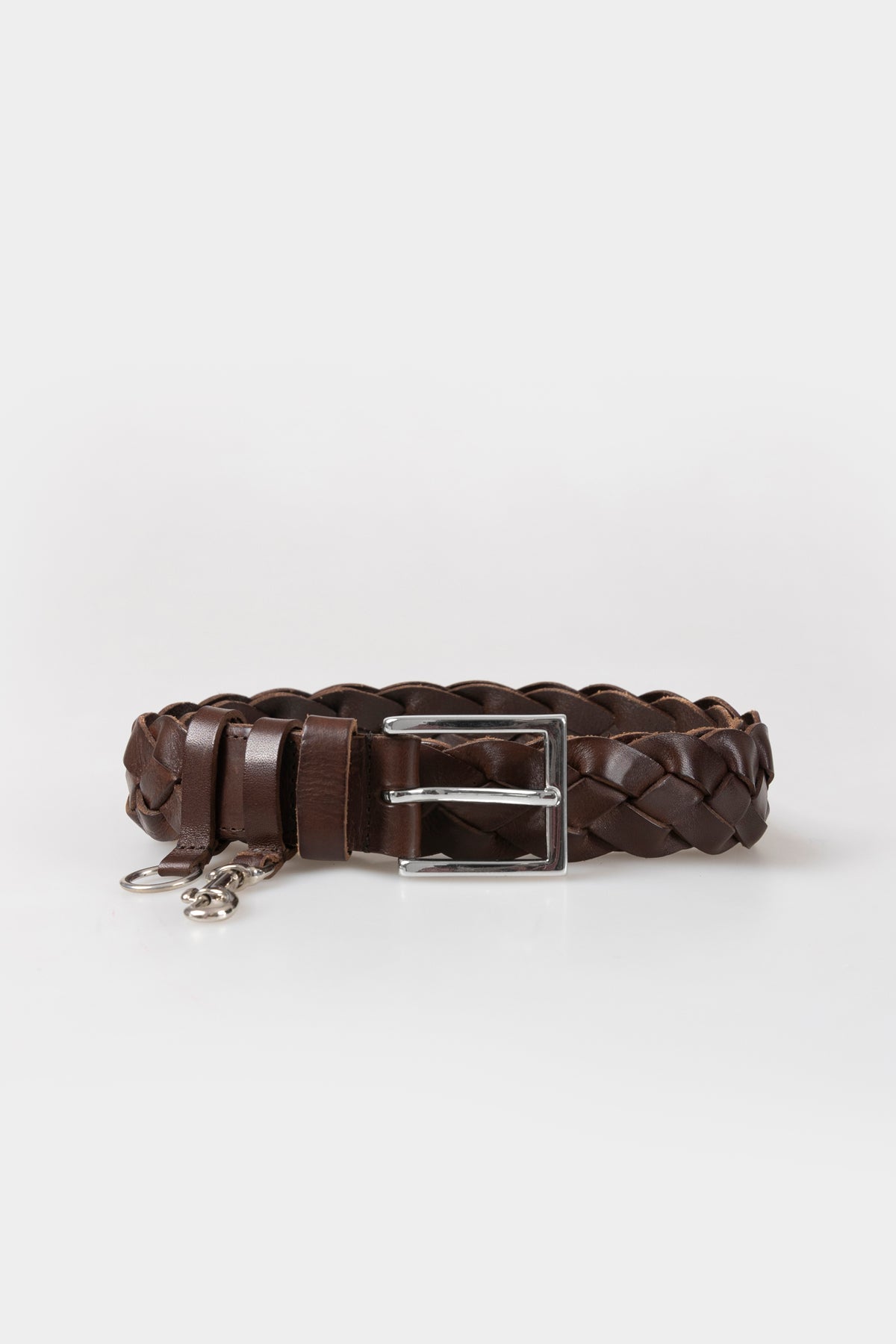 Cordera Woven Belt in Brown braided leather flat lay with silver buckle and carabiner ring - East Coast General