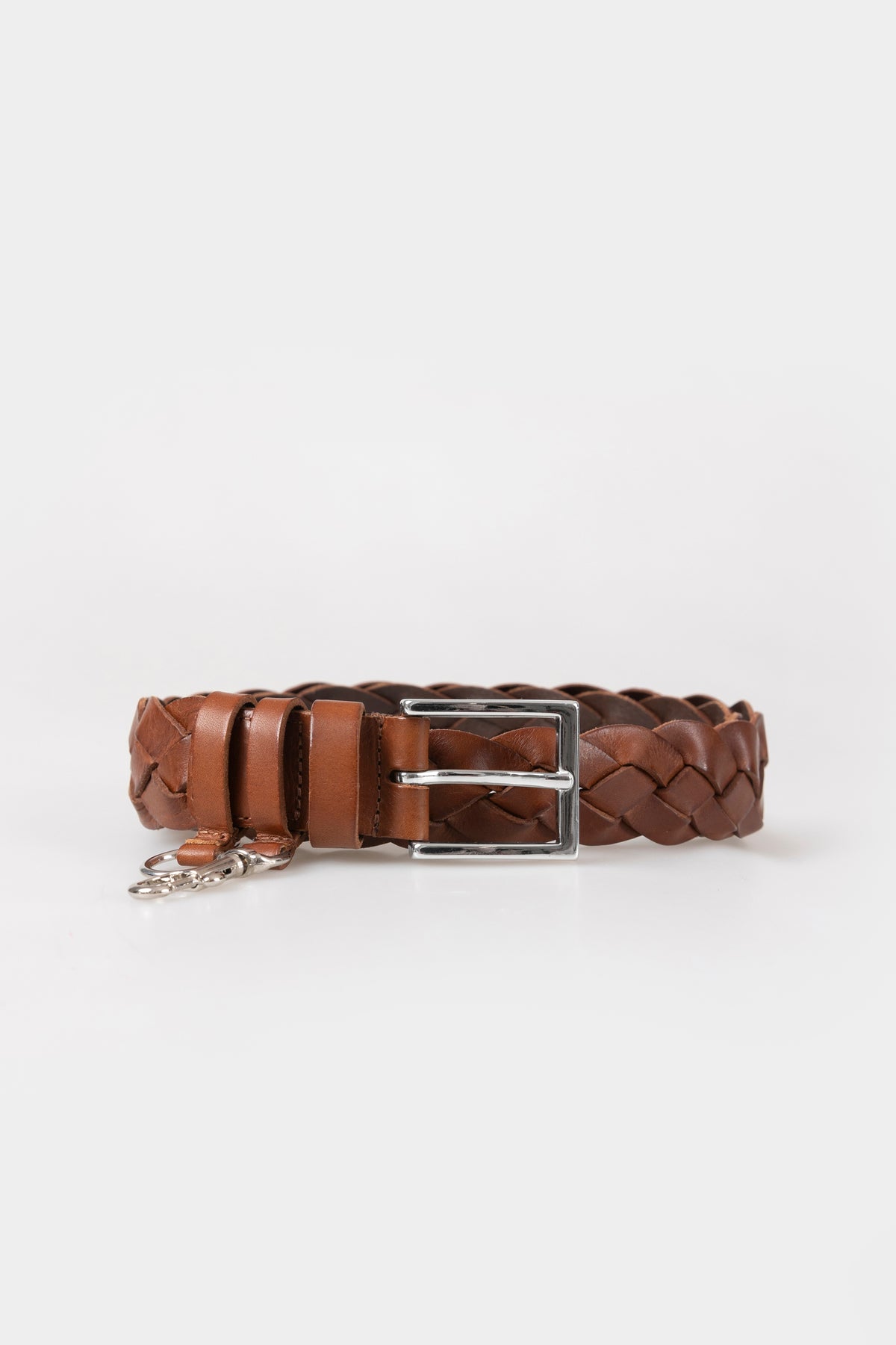 Cordera Woven Belt in tan braided leather flat lay with silver buckle and carabiner ring - East Coast General