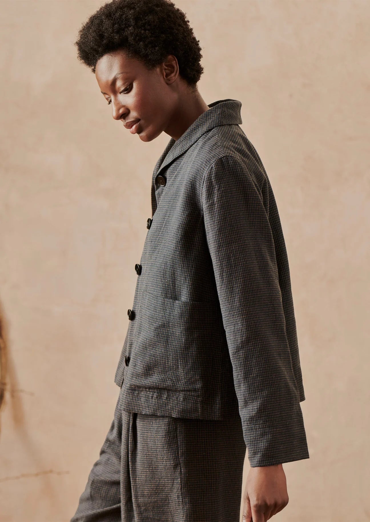 Grid Check Cotton Linen Jacket