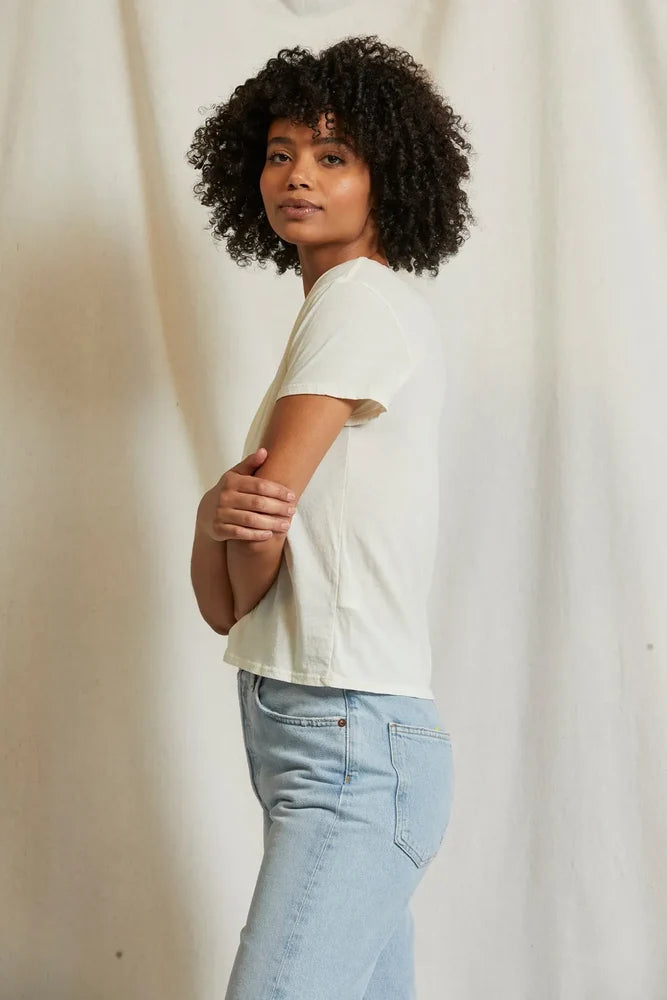 Model wearing perfectwhitetee Harley Tee in Bright  boxy cotton shirt side view