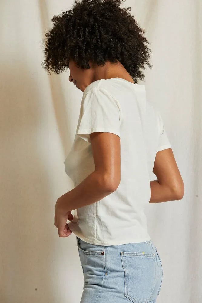 Model wearing perfectwhitetee Harley Tee in Bright  boxy cotton shirt side view