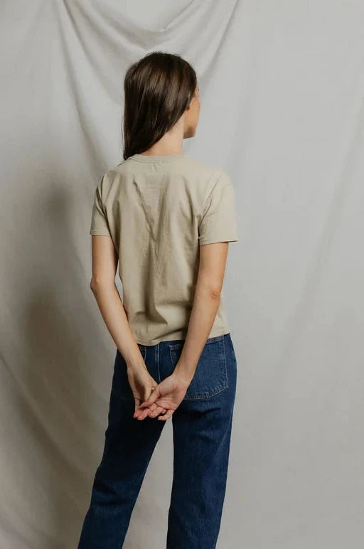 Rear view showing boxy fit and shoulders on Harley Tee Driftwood by perfectwhitetee