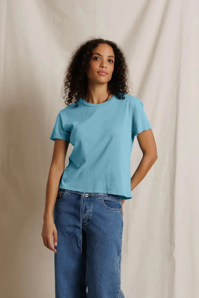 Model wearing perfectwhitetee Harley Tee in milky blue boxy cotton shirt front view - East Coast General