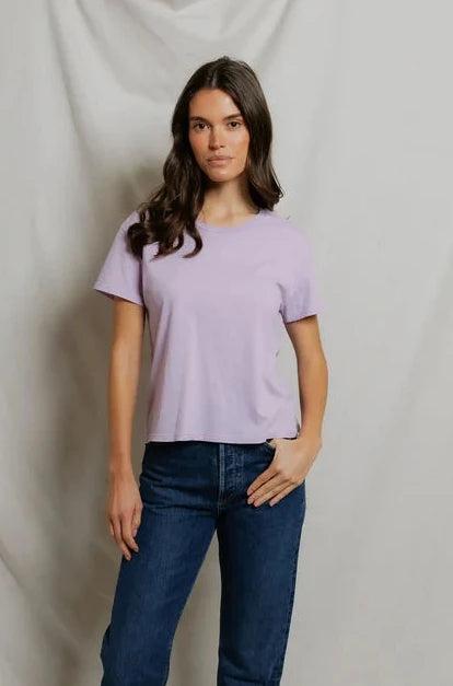 Model wearing perfectwhitetee Harley Tee in ultraviolet boxy cotton shirt front view - East Coast General