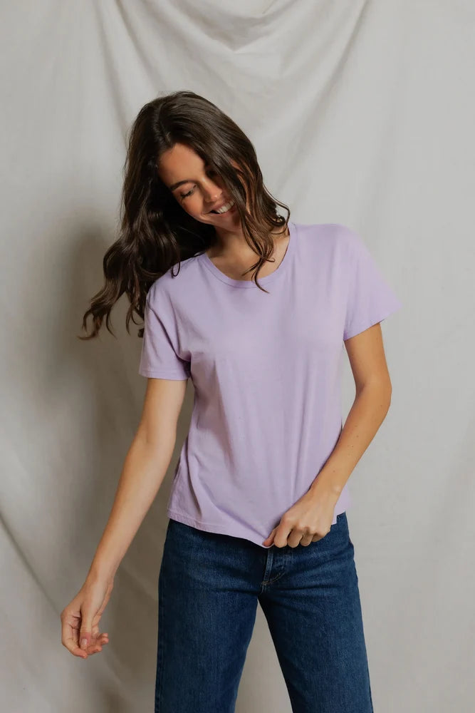 Model wearing perfectwhitetee Harley Tee in ultraviolet boxy cotton shirt front view - East Coast General