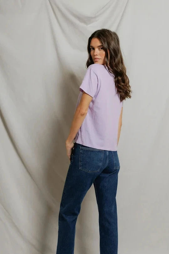 Rear view showing boxy fit and shoulders on Harley Tee ultravioletby perfectwhitetee