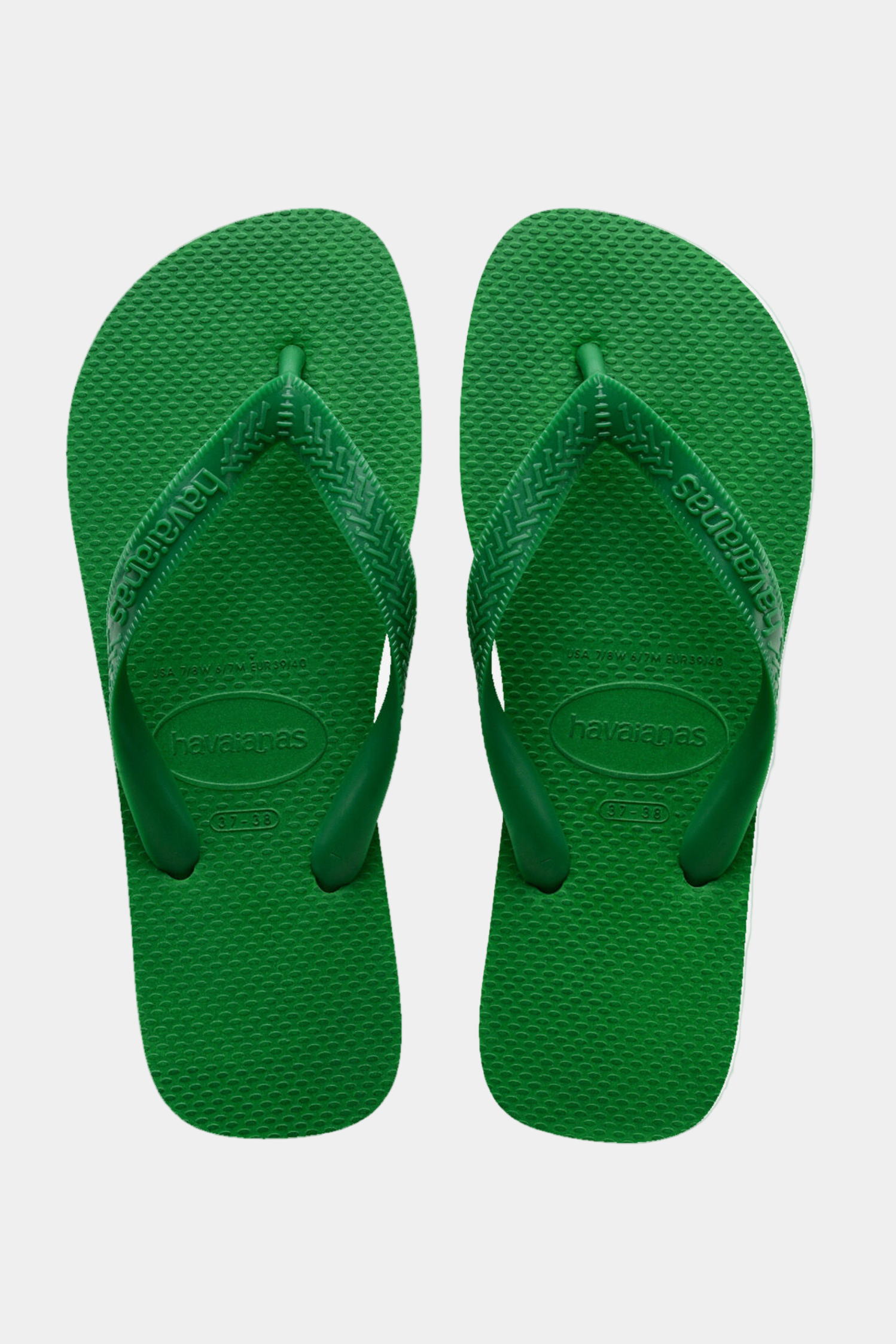 Pair of green flip-flops on a white background