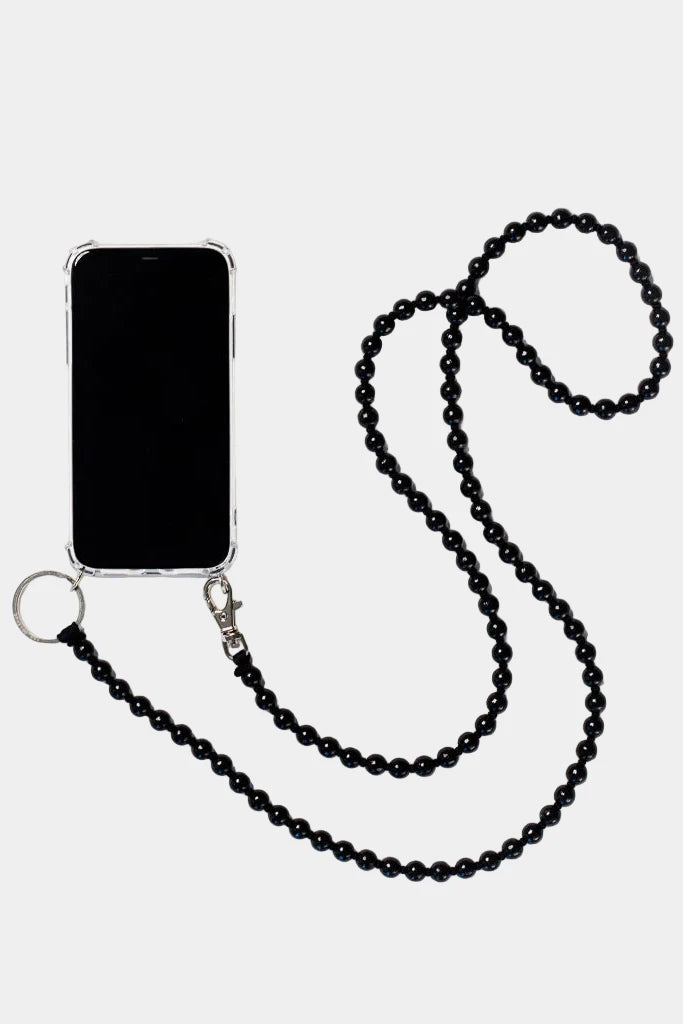 Phone with black wooden carrying strap, displayed on a white background