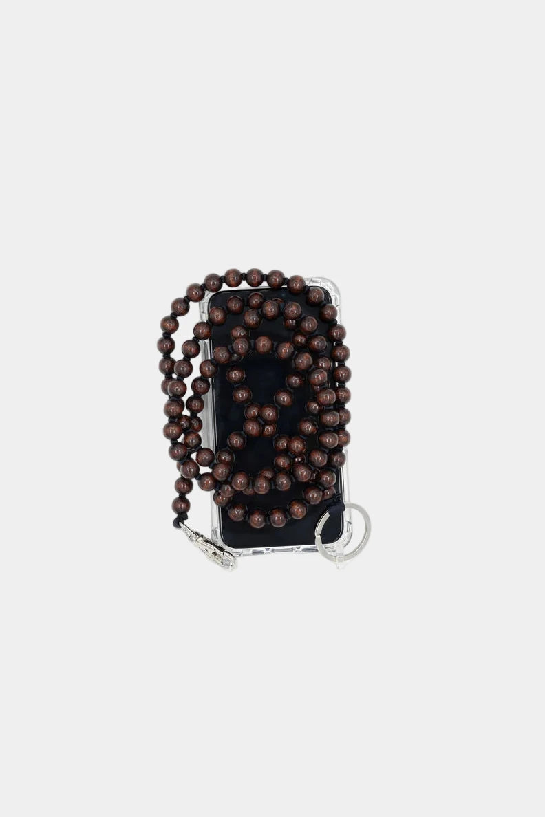 brown wooden beaded phone carrier pictured on a white background