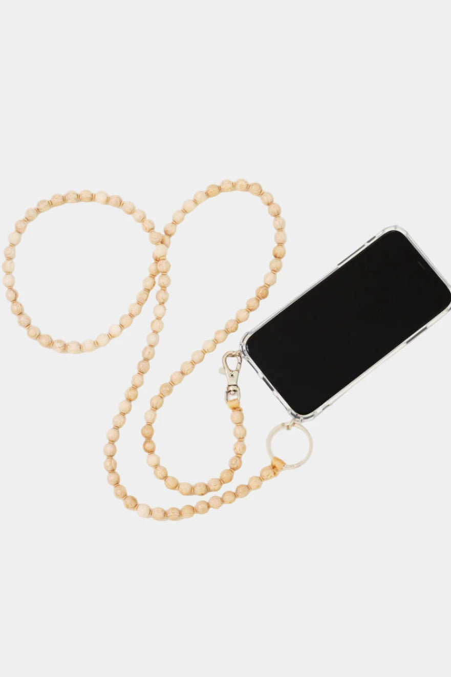 Phone with natural wooden beaded carrying sling