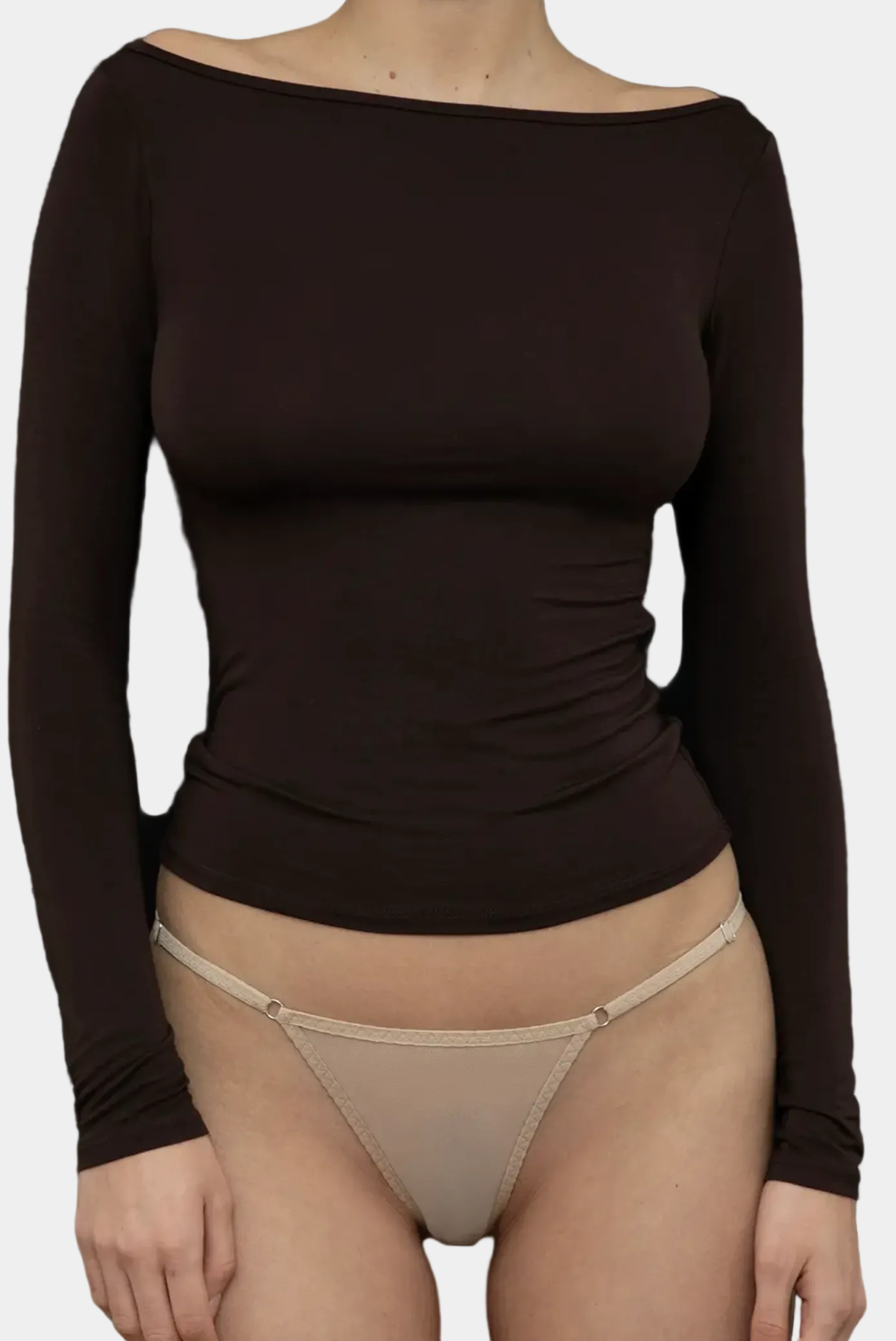 Model wearing KYE Intimates Recline Bateau Long Sleeve in Black boat neck top front view