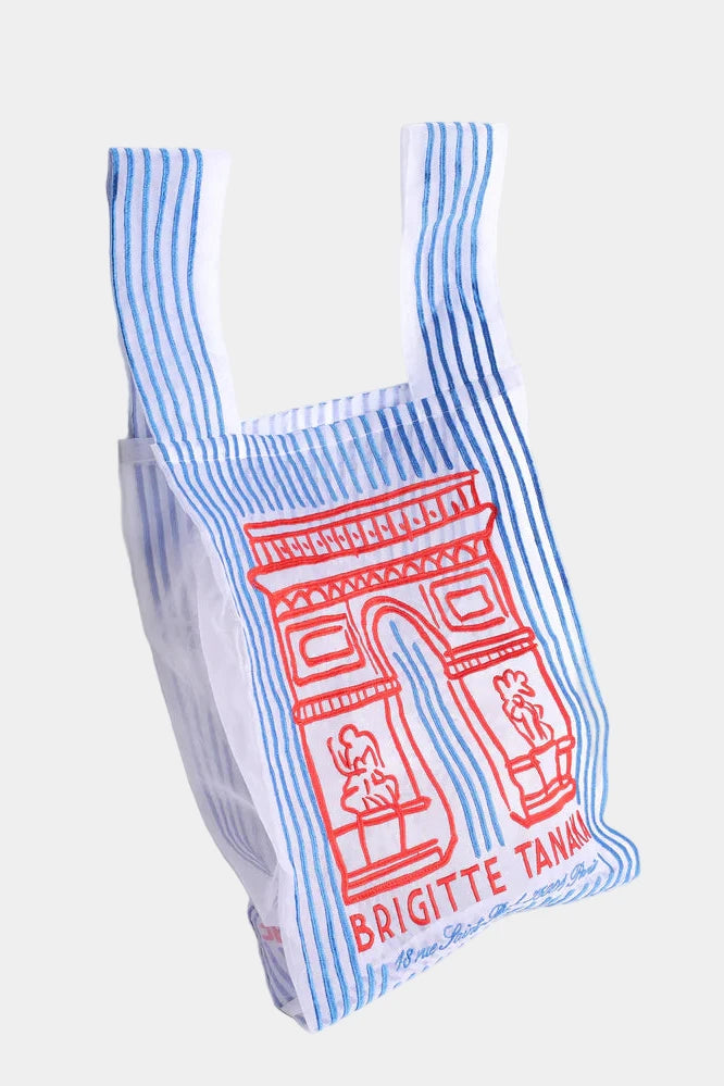 Striped bag with a red design and text on a white background