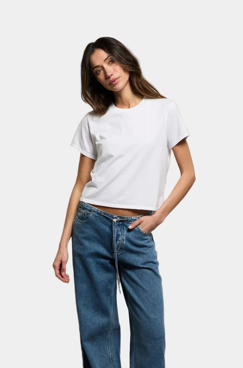Model wearing perfect white tee Springsteen tshirt in white - East Coast General