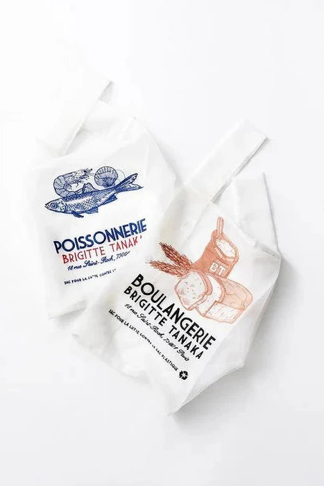 White bag with blue and red text and graphics on a white background