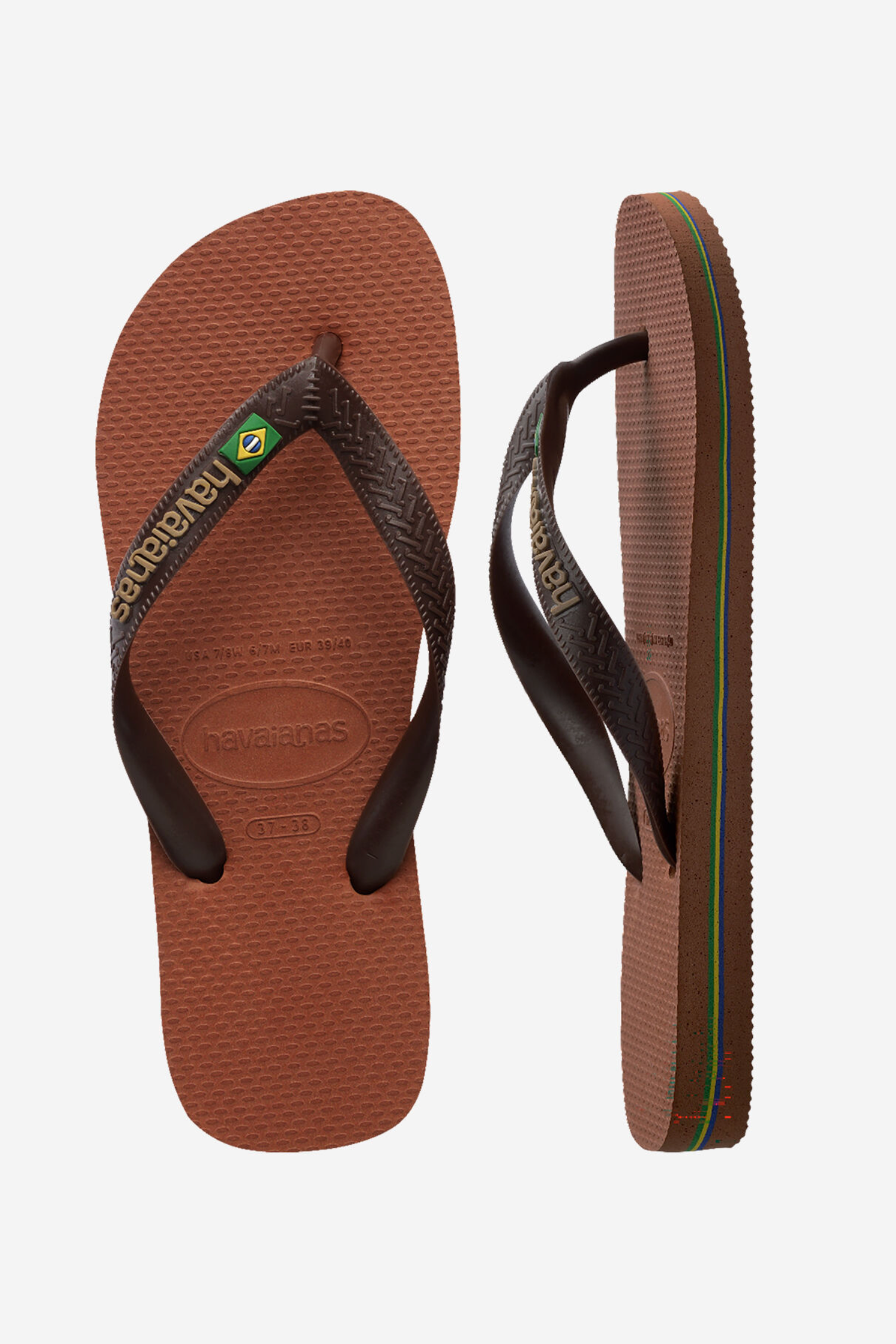 Havaianas Brasil Logo brown rubber flip flops in Rust Coffee with Brazilian flag strap at East Coast General