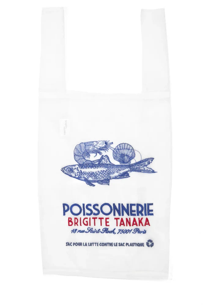 White bag with blue and red text and fish illustration on a white background
