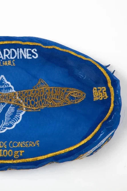  sardines organza pouch  blue and yellow label on a white background